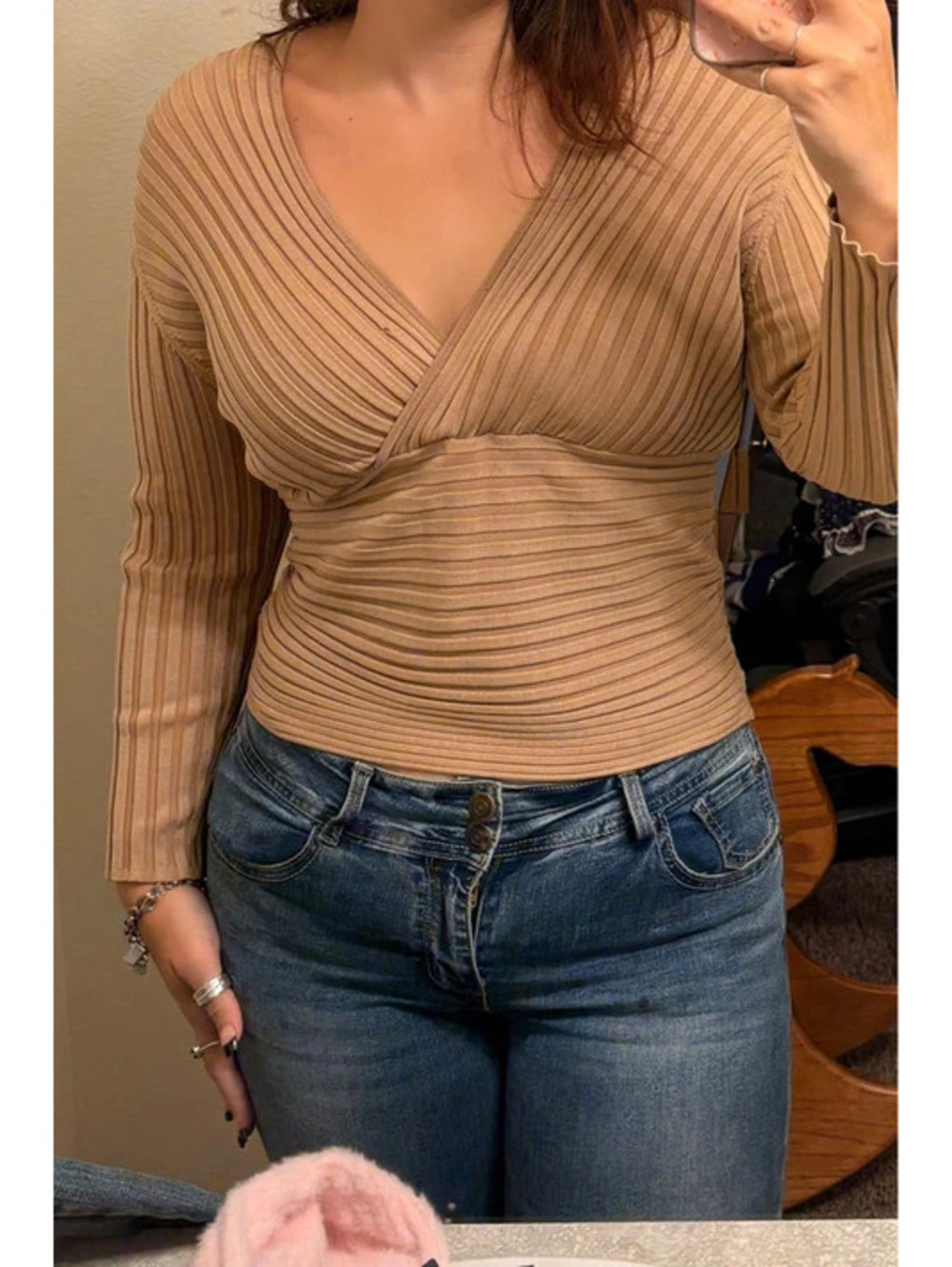 Chic Clean Girl V Neck Tan Fitted Long Sleeve